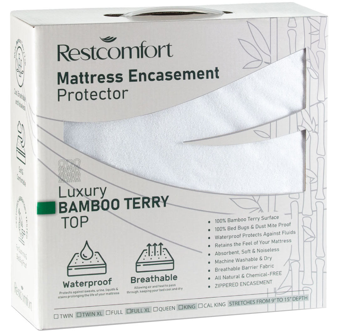 Rest Comfort Luxury Bamboo Terry Top Zippered Mattress Encasement Protector - Dust Mite and Bed Bug - Hypoallergenic and Water Resistant (Stretches 9”-15)