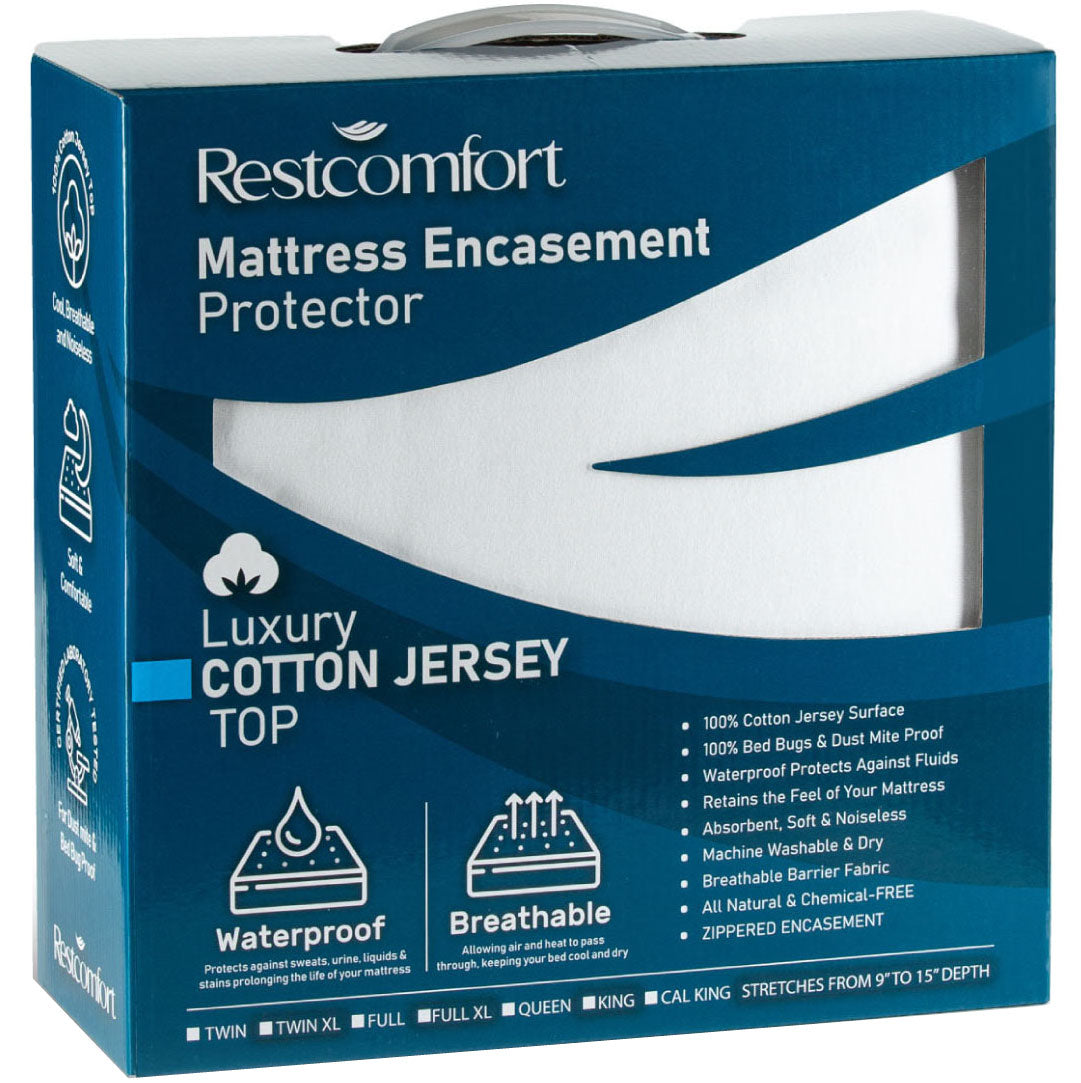 Rest Comfort Zippered Mattress Protector and Encasement - Dust Mite and Bed Bug Proof with Cotton Jersey Top - Hypoallergenic and Water Resistant (Stretches 9”-15 Depth)