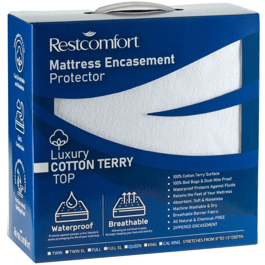 Rest Comfort Zippered Mattress Protector and Encasement, Dust Mite and Bed Bug Proof with Cotton Terry Top, Hypoallergenic and Water Resistant