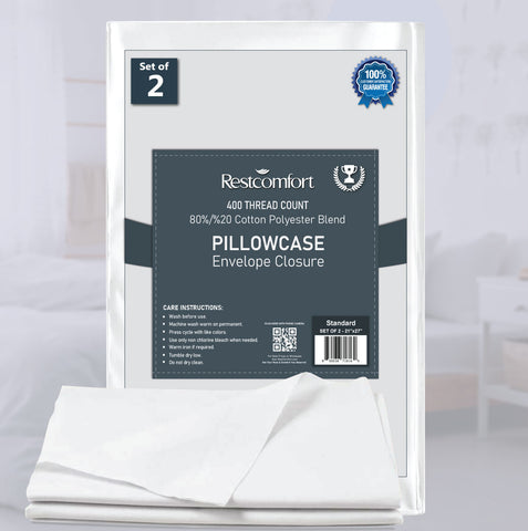 2 Pack Pillow Cases 80% Cotton 20% Blend  with Envelope Closure,  400 Thread Count