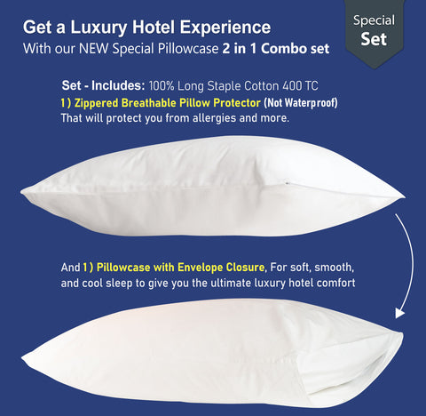 Luxury Hotel Pillowcase Set 400TC 100% Long Staple Cotton 1-Envelope Closure 1-Zippered Protector Allergen & Dust Mites Block