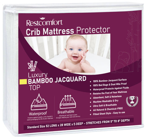 Hypoallergenic Crib Luxury Bamboo Mattress Protector Waterproof Bed Bug Proof - Vinyl, PVC and Phthalate Free - (52" x 28 x 8 in.)