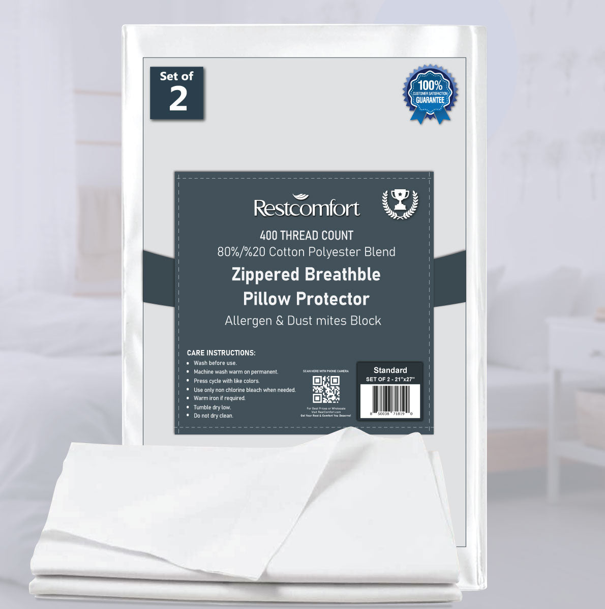 2 Pack Zippered Breathable Pillow Cases Protector, 400 TC 80% Cotton 20% Polyester Blend, Allergen & Dust Mites Block