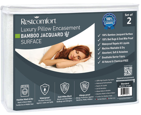 Bamboo Jacquard Zippered Pillow Protector Set of 2 - Waterproof, Allergen Proof, Bed Bug Proof Covers - Hypoallergenic Breathable & Quiet