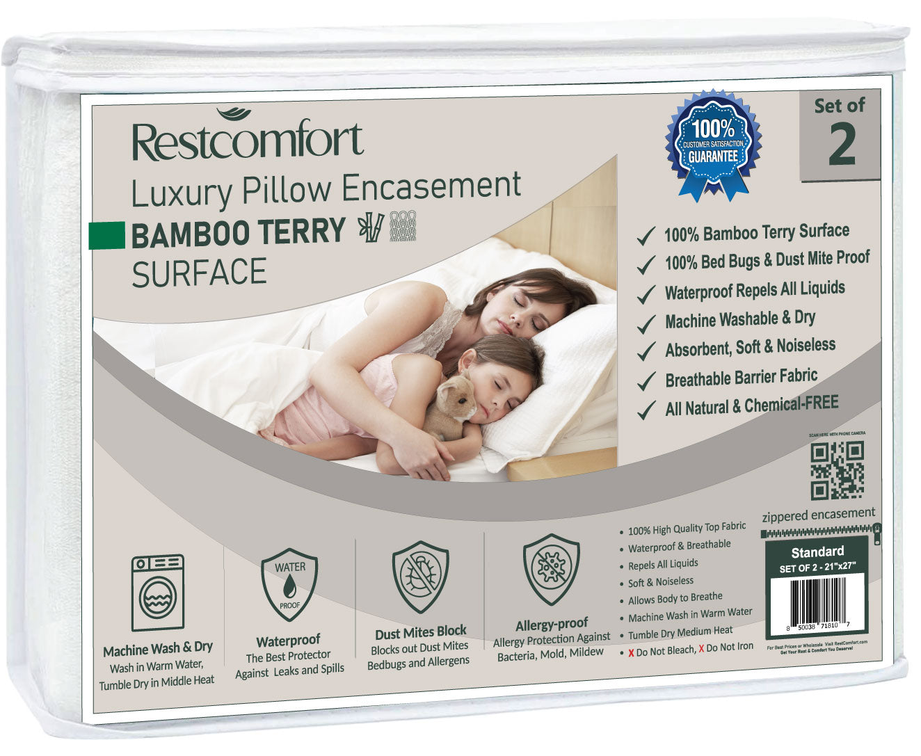 Set of 2 Bamboo Terry Zippered Pillow Protector - Waterproof, Allergen Proof, Bed Bug Proof Protection - Hypoallergenic Breathable & Quite