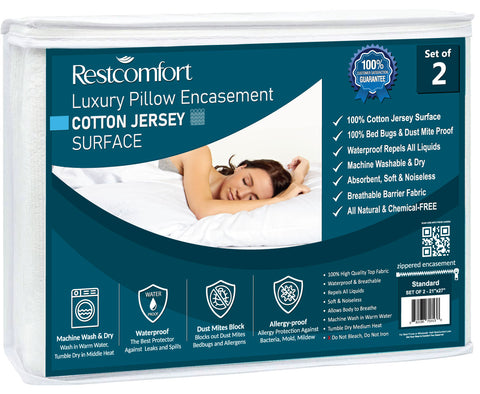 Pack of 2 Cotton Jersey Zippered Pillow Protector - Waterproof, Allergen Proof, Bed Bug Proof Protection - Hypoallergenic Breathable & Quite