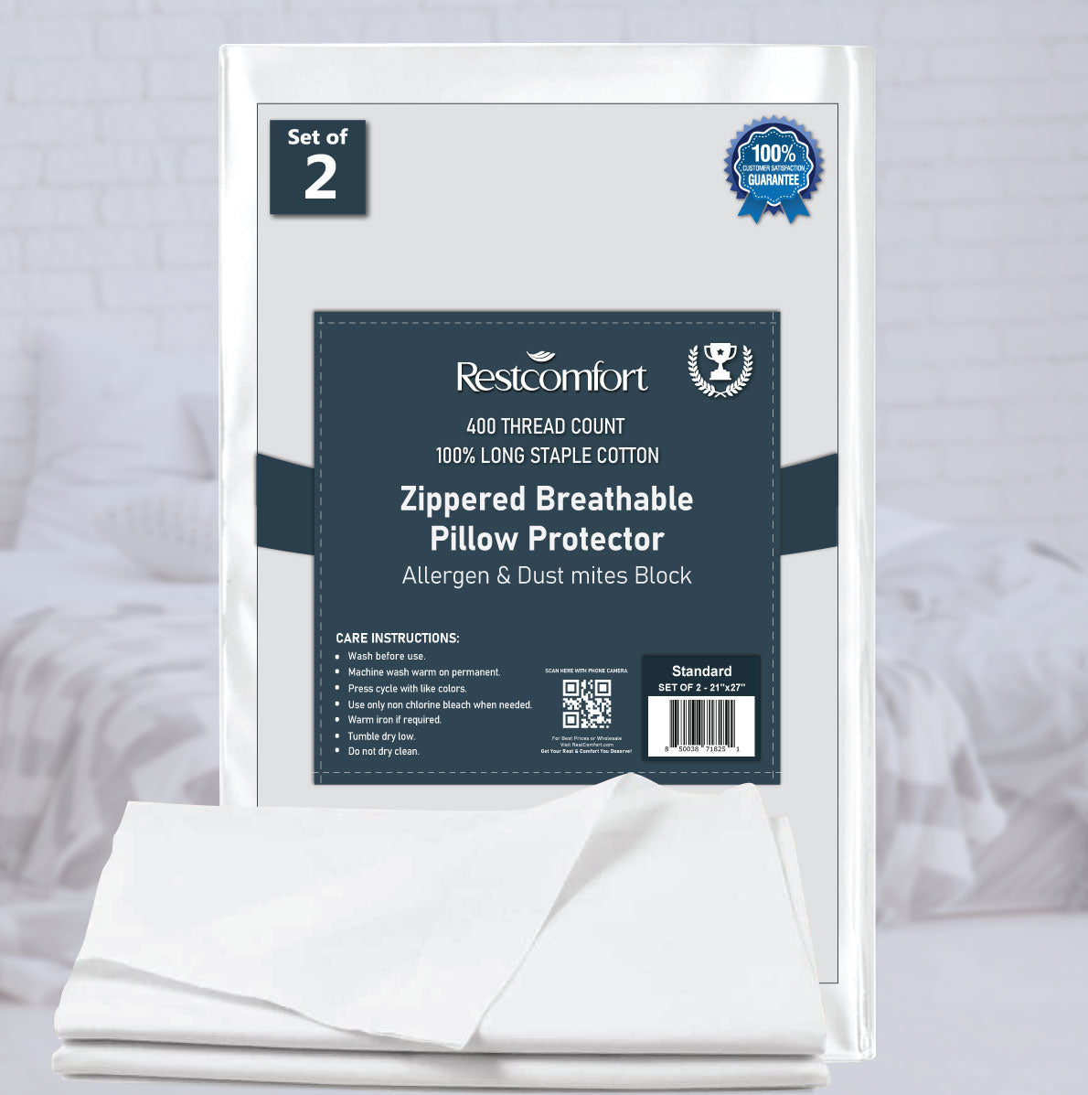 2 Pack Zippered Breathable Pillow Cases Protector, 400 TC 100% Long Staple Cotton, Allergen & Dust Mites Block